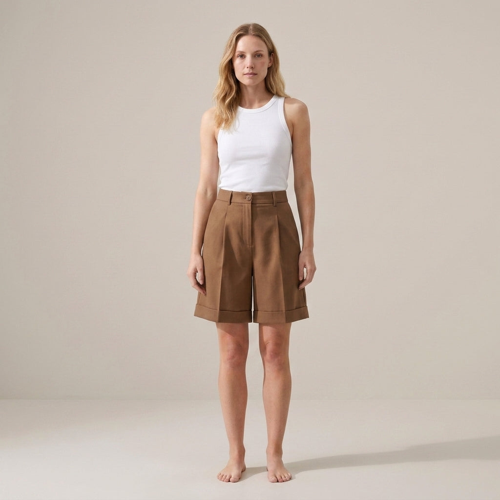Short taille haute plissé à revers élégant pour femme