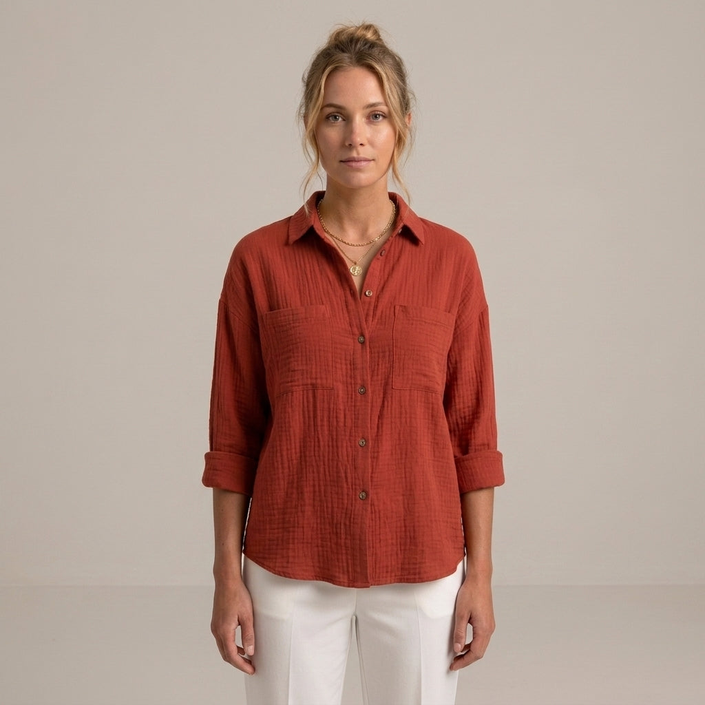 Chemise femme en lin naturel coupe ample col classique