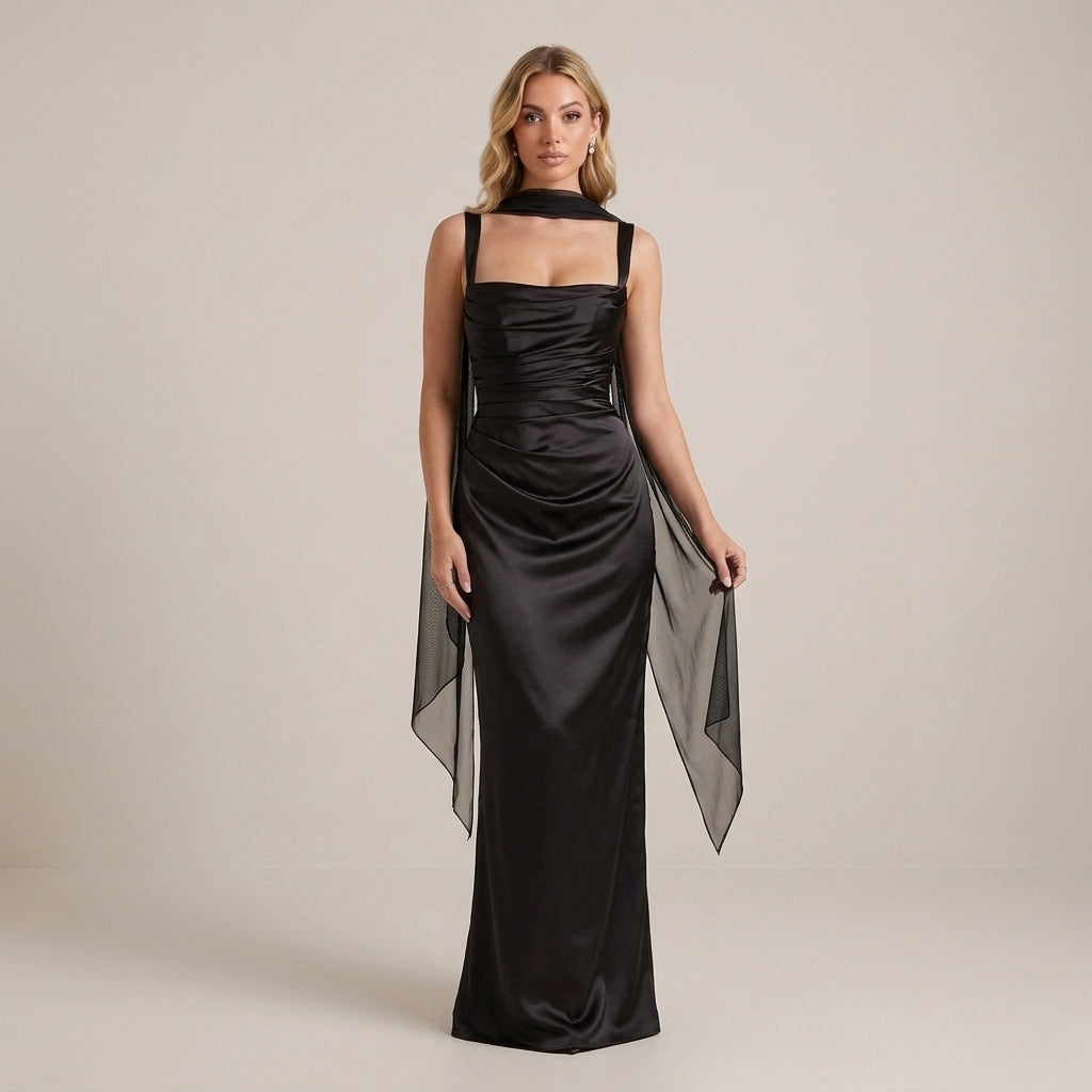 Robe maxi femme dos nu avec laçage et écharpe élégante