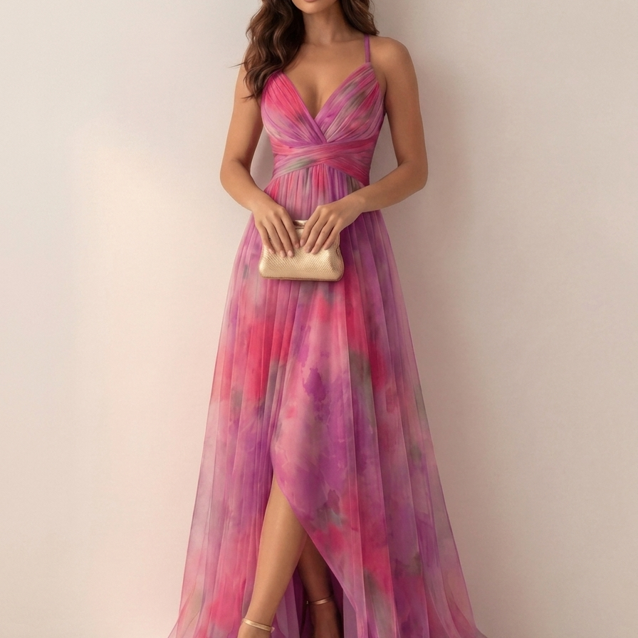 Robe maxi imprimé aquarelle | Décolleté V | Taille plissée
