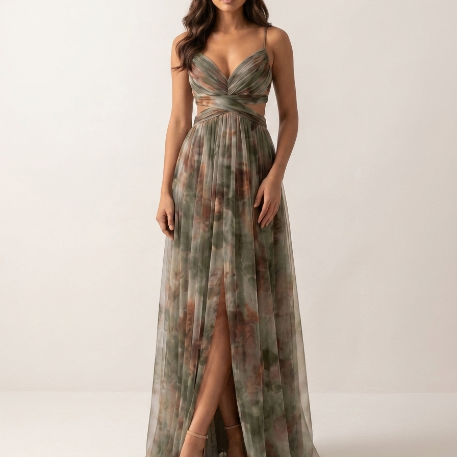 Robe maxi imprimé aquarelle | Décolleté V | Taille plissée