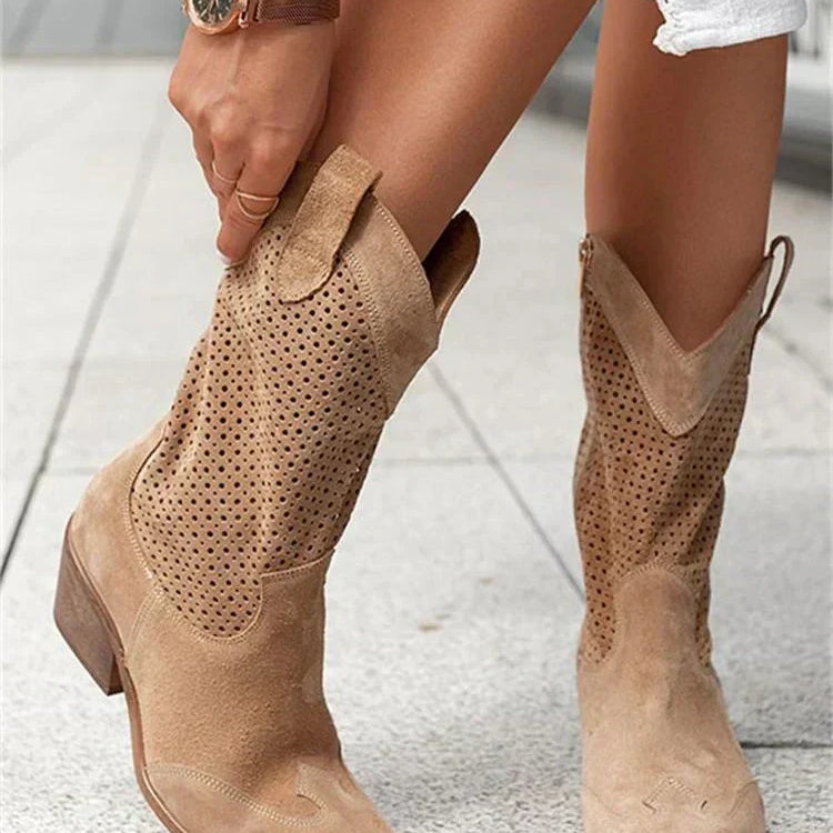 Bottes cowboy femme à talon | Cuir naturel avec fermeture éclair latérale